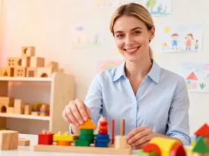 Uśmiechnięta nauczycielka z dziennikiem w nowoczesnej sali lekcyjnej, symbolizująca profesjonalizm w zawodzie pedagoga.