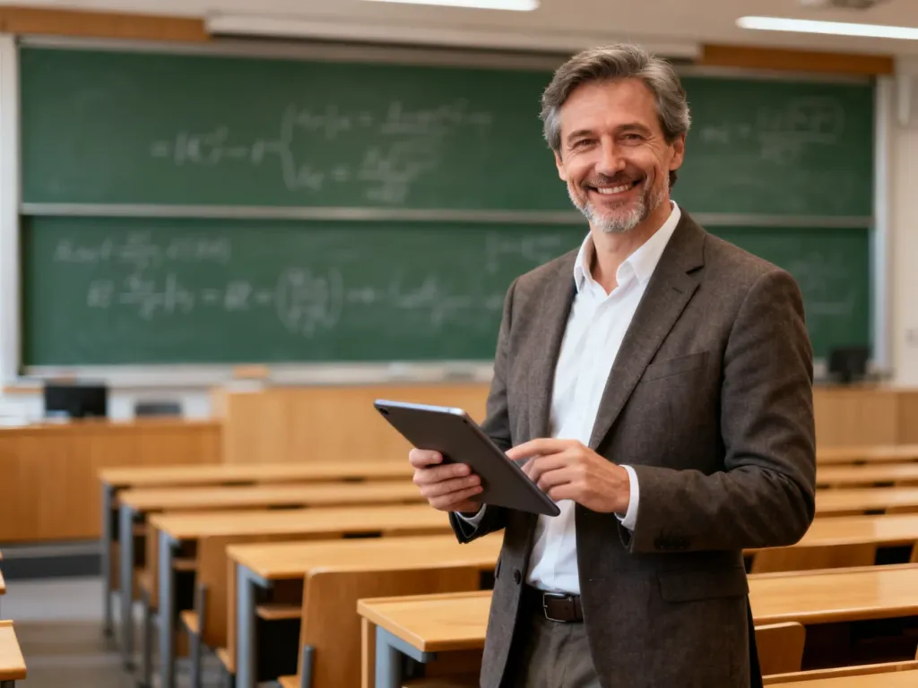 Uśmiechnięty wykładowca z tabletem w nowoczesnej auli uniwersyteckiej na tle tablicy z wzorami matematycznymi.