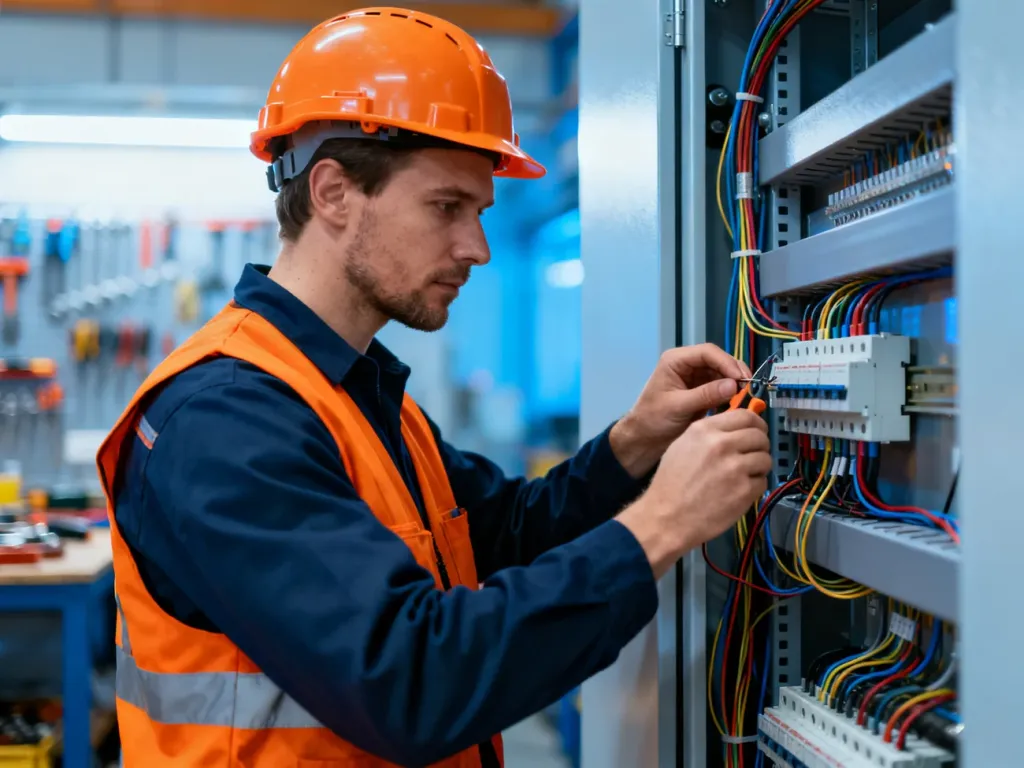 Elektryk w kasku ochronnym skupiony na montażu skomplikowanej instalacji w nowoczesnej szafie sterowniczej.