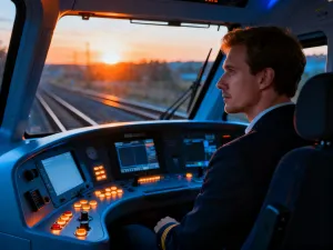 Pilot w mundurze siedzący w kokpicie samolotu, trzymający stery na tle słonecznego nieba.