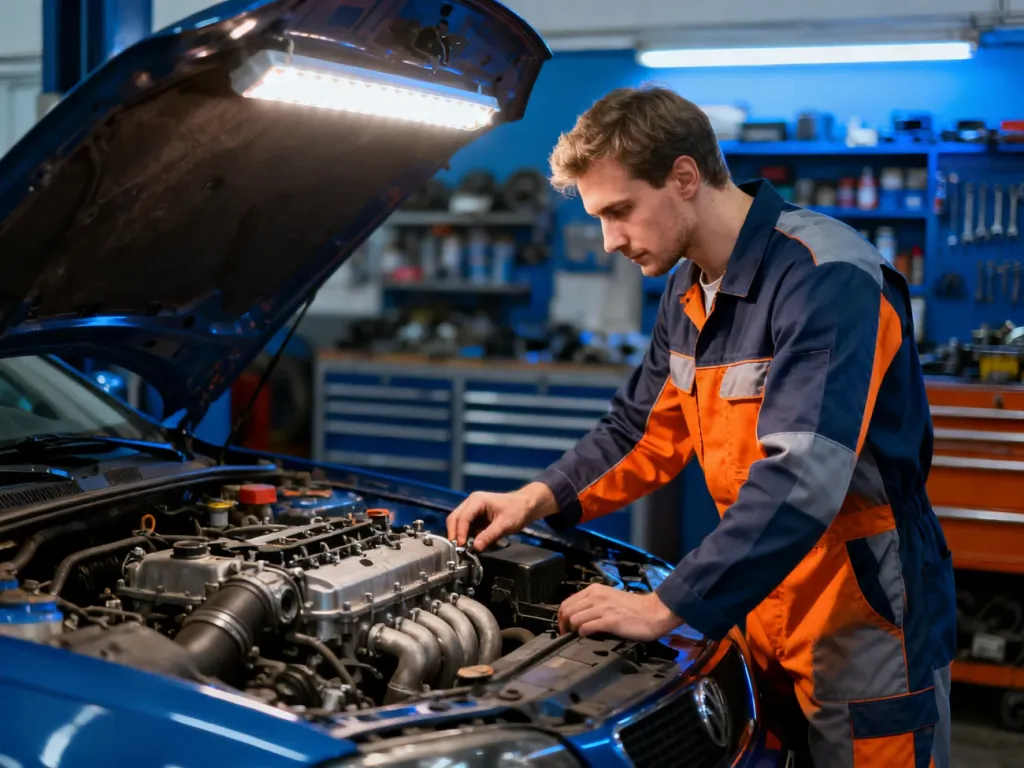 Mechanik w czystym kombinezonie dokonuje precyzyjnego przeglądu silnika w profesjonalnie wyposażonym warsztacie samochodowym.