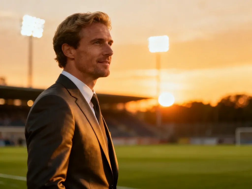 Robert Lewandowski w eleganckim garniturze na tle oświetlonego stadionu podczas zachodu słońca.