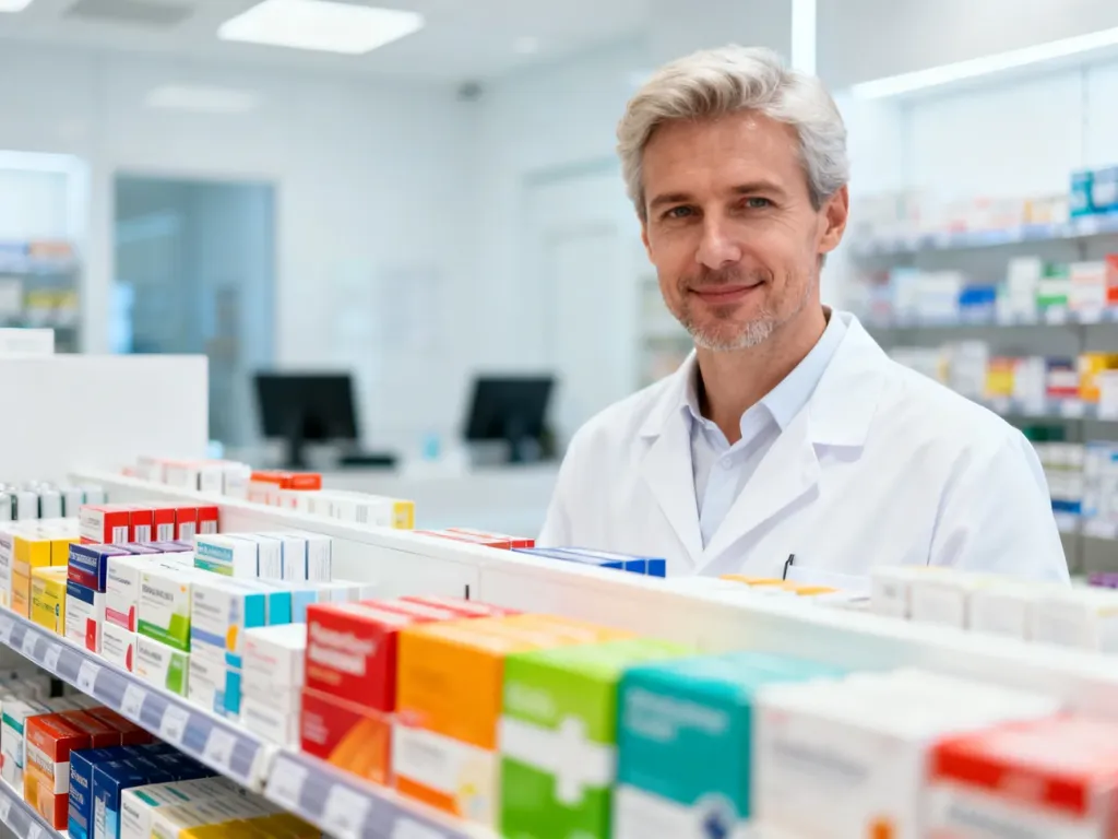Uśmiechnięty farmaceuta w białym kitlu na tle profesjonalnej apteki z uporządkowanymi lekami na półkach.