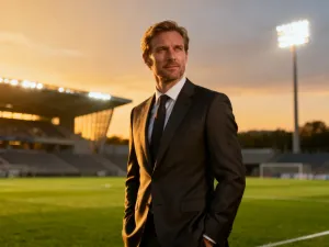 Robert Lewandowski w eleganckim garniturze na tle oświetlonego stadionu podczas zachodu słońca.