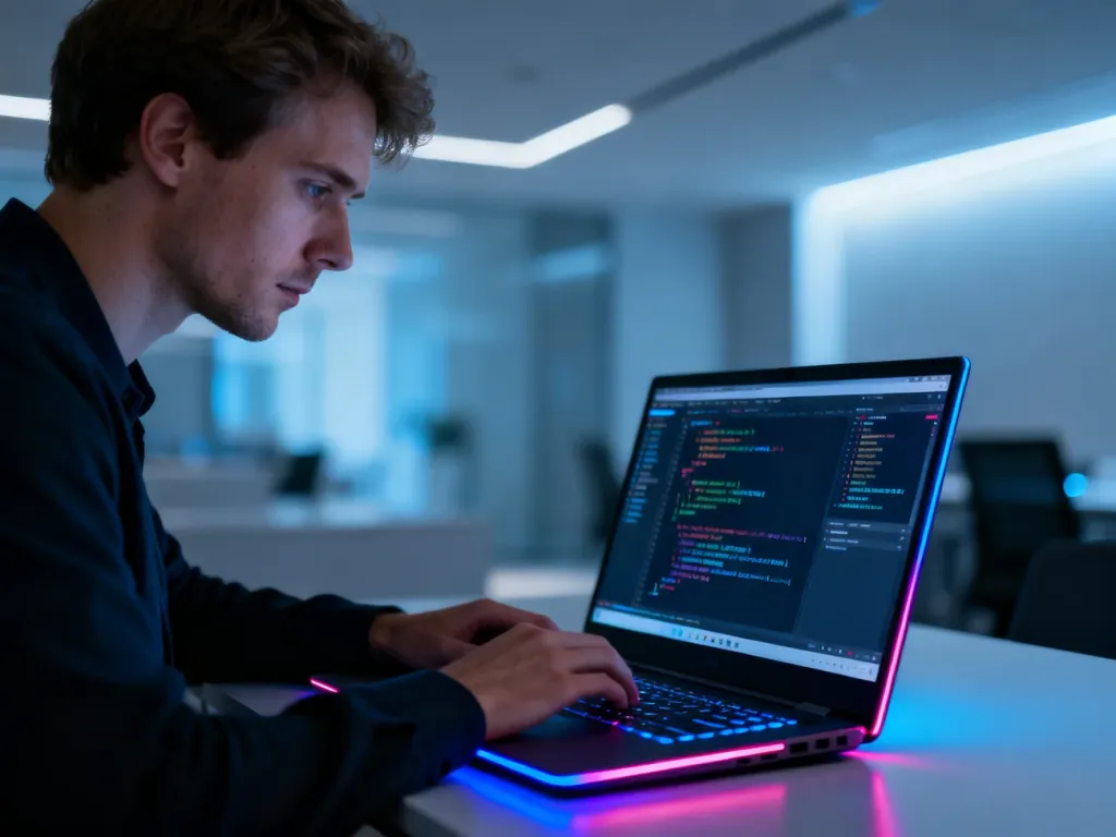 Skupiony programista pracujący przy laptopie w nowoczesnym biurze, co ilustruje codzienną pracę specjalisty IT.