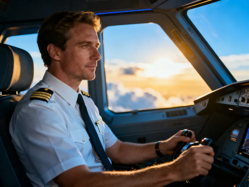 Pilot w mundurze siedzący w kokpicie samolotu, trzymający stery na tle słonecznego nieba.