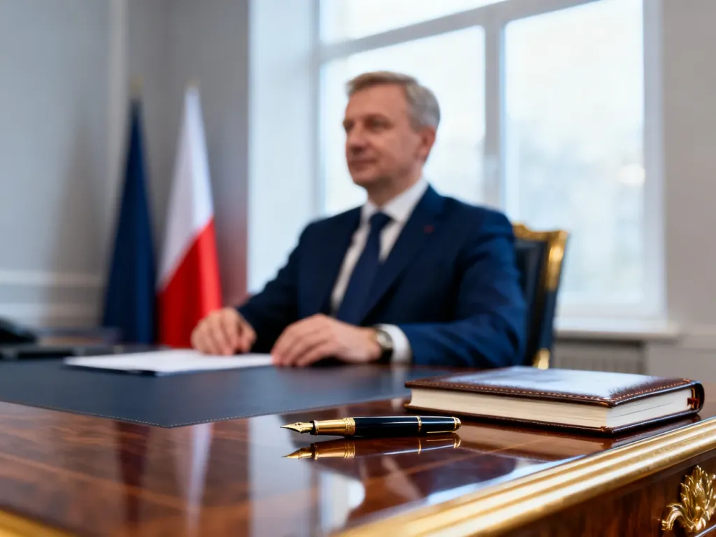 Elegancki mężczyzna w nowoczesnym biurze z polską flagą w tle, symbolizujący powagę urzędu prezydenta.